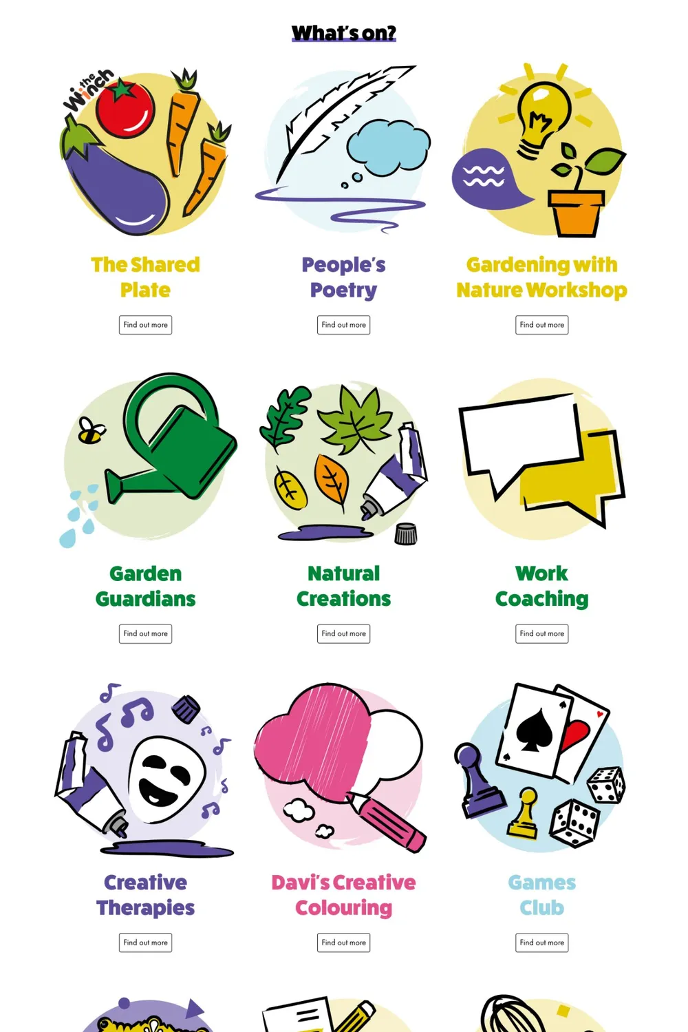 Previous activities page showing a grid of 19 illustrated tiles and a timetable image