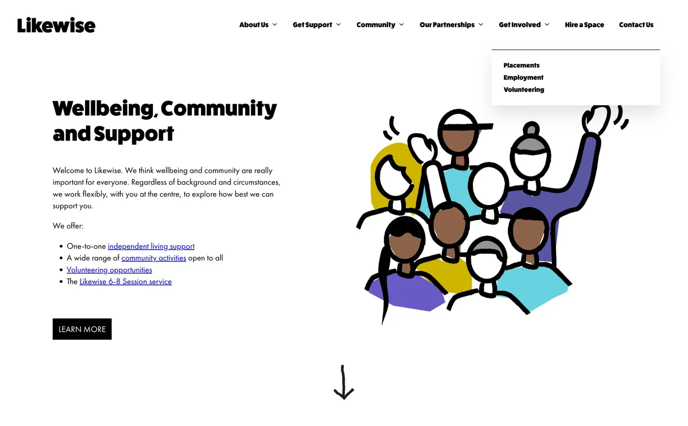 Previous Likewise homepage with a generic wellbeing and community introduction